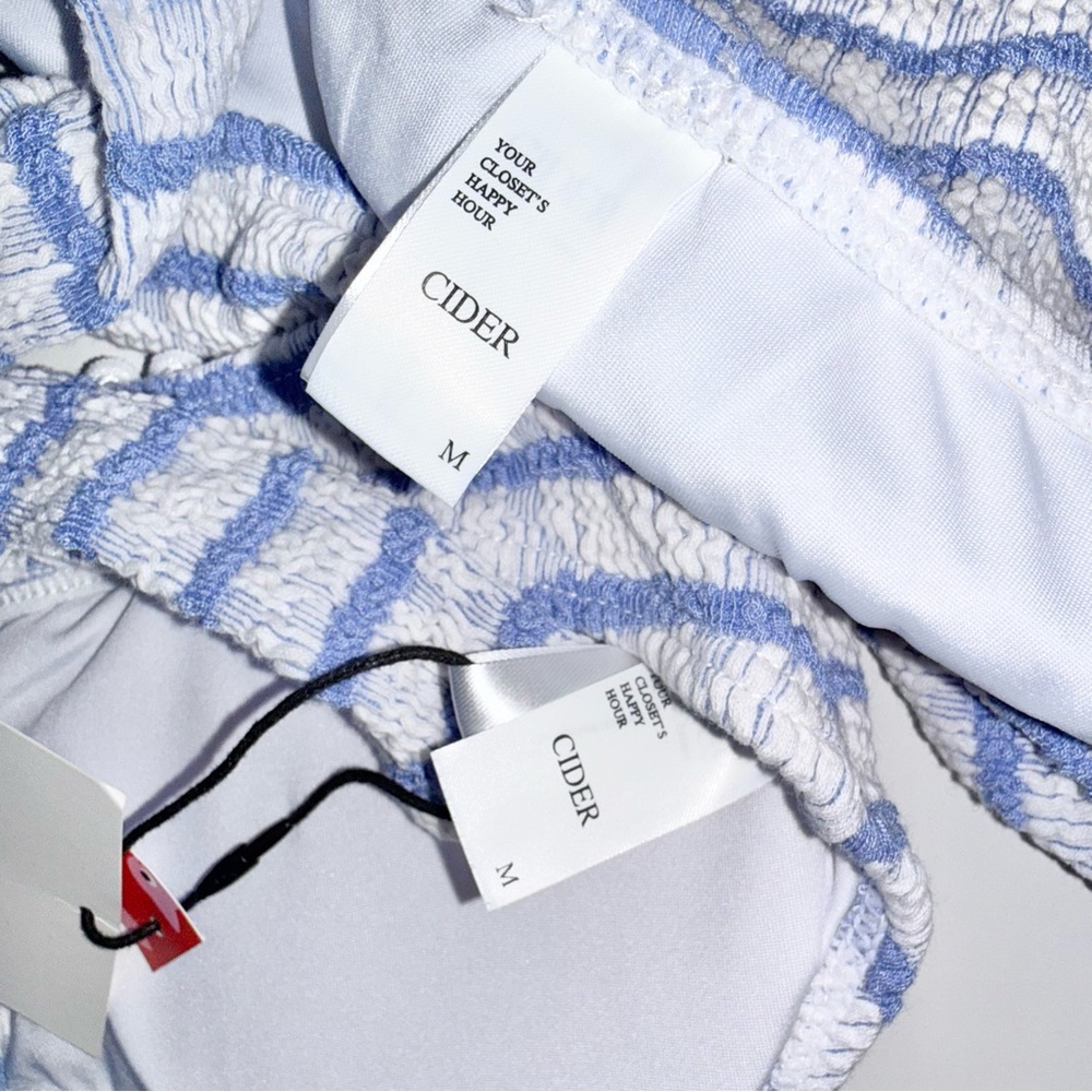 NWT Cider Textured Stripe Bikini Set Medium Blue White Tie Front Top & Bottoms - Picture 4 of 7